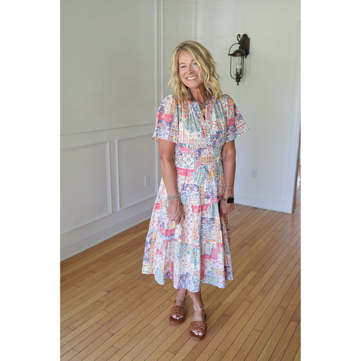 Woman wearing a colorful dress 