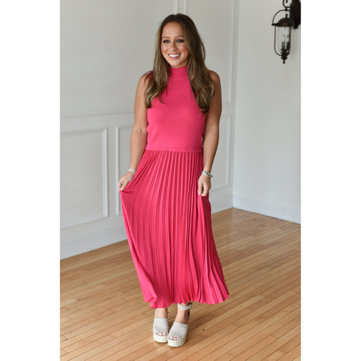 Victoria Pink Pleated Contrast Midi Dress