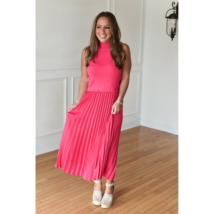Victoria Pink Pleated Contrast Midi Dress