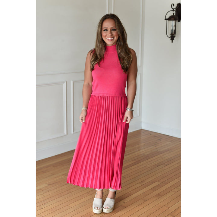 Victoria Pink Pleated Contrast Midi Dress