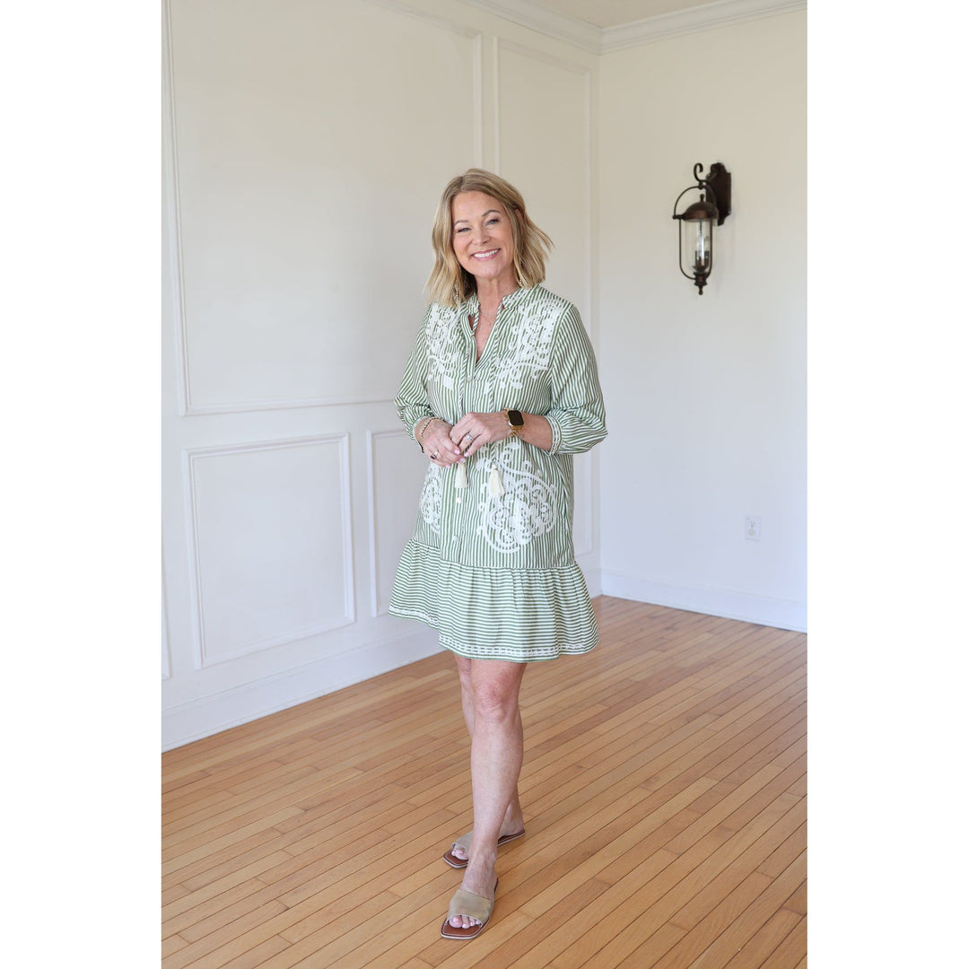Woodstock Green Striped Drop Waist Dress