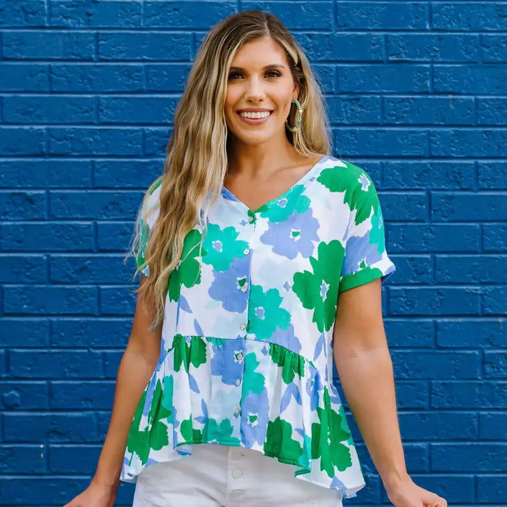 Women's  Blue and Green Floral Top