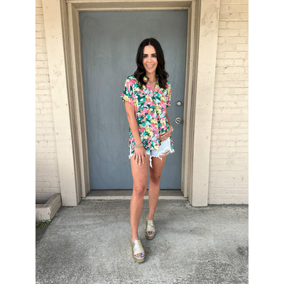 Pink, Green, and Blue Floral Top