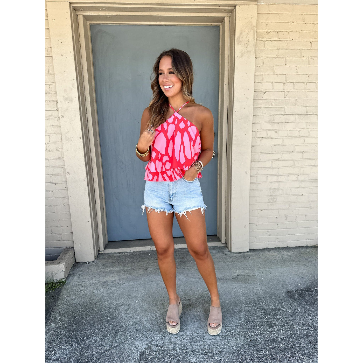Pink with Hot Coral Halter Neck Top