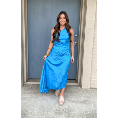 Blue Satin Pleated Dress