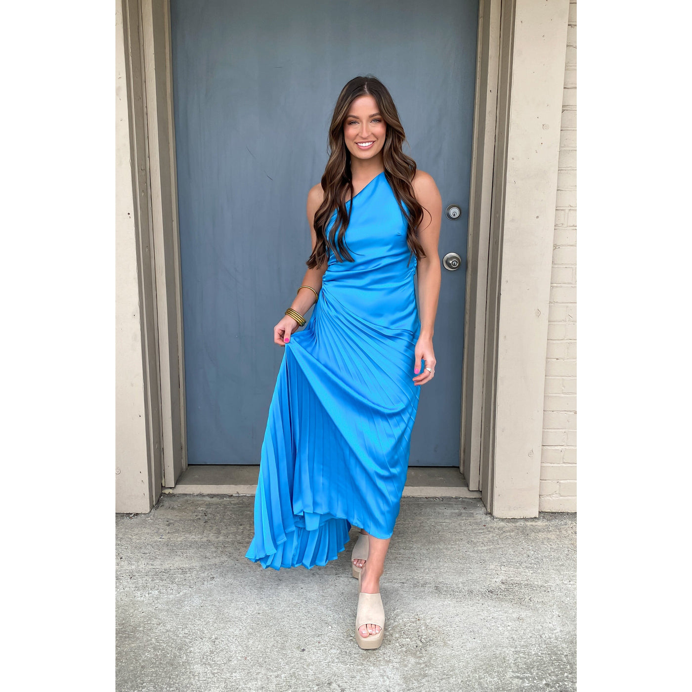Delfine Blue Satin Pleated Dress